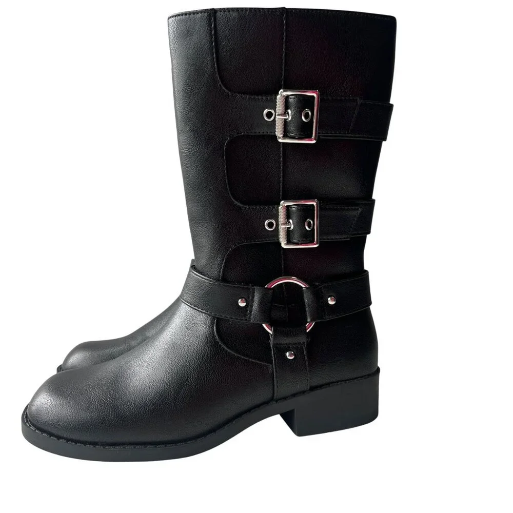 Art Class Black Mid-Calf Boots With Triple Buckle Details & Side Zipper Girls 4